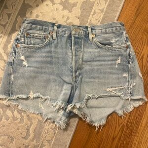 AGOLDE Parker ultra high rise denim shorts. color: vintage denim
